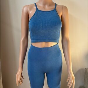 Blue ribbed crop top and bike shorts set #activewear